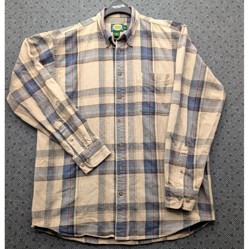 Cabelas Outdoor Gear Flannel Shirt Mens Large Tall LT Tan Blue Plaid Cotton